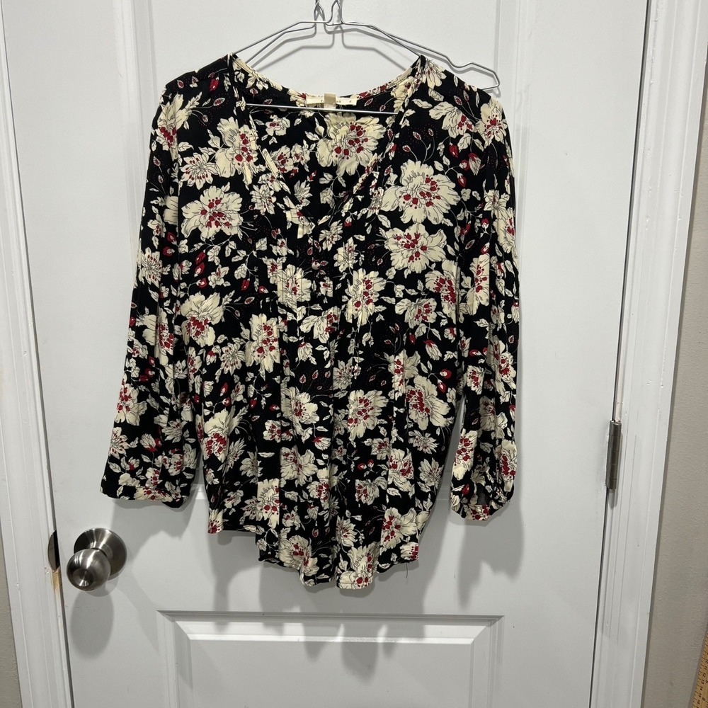 fun2fun Womens Blouse Floral Print Rayon Black S